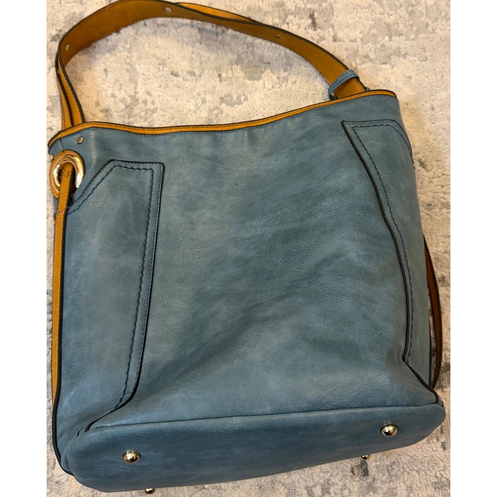 Slate Blue and Mustard Yellow Vegan Leather Hobo Bag with Chevron Lining
